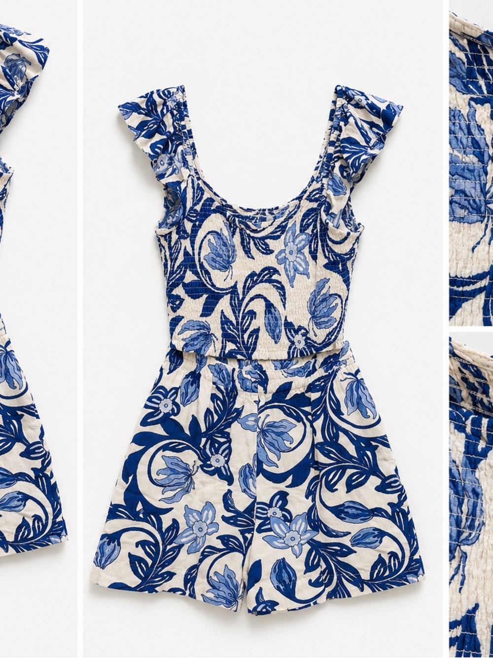 H&M Linen Blend Blue & White Floral Smocked Crop Top & Pull on Shorts ✨NWT✨
